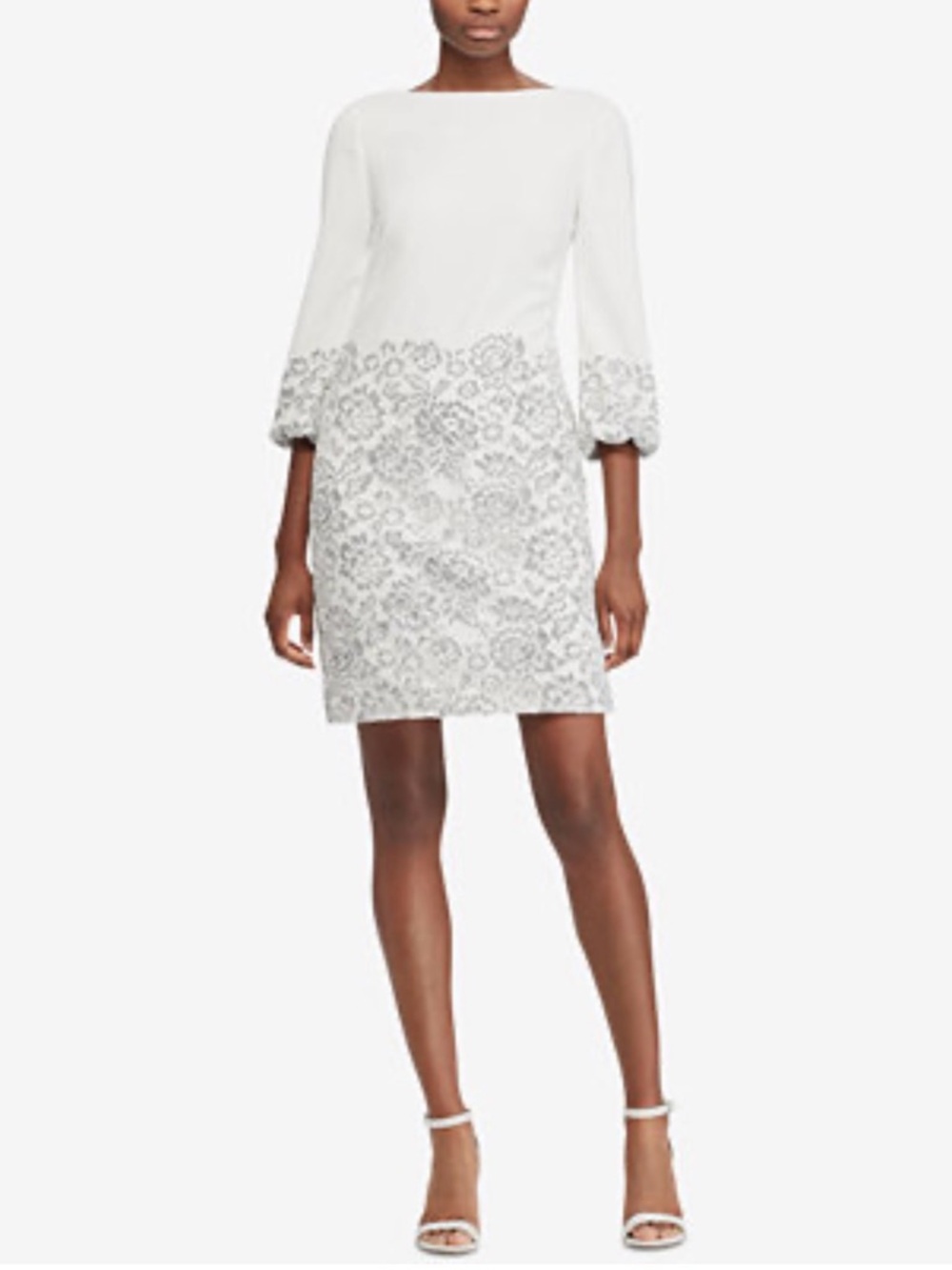 Lauren Ralph Lauren White Dress with Gray Lace Accent